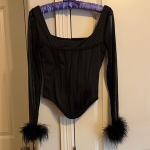 Black corset Long Sleeve Top with Feather Cuffs